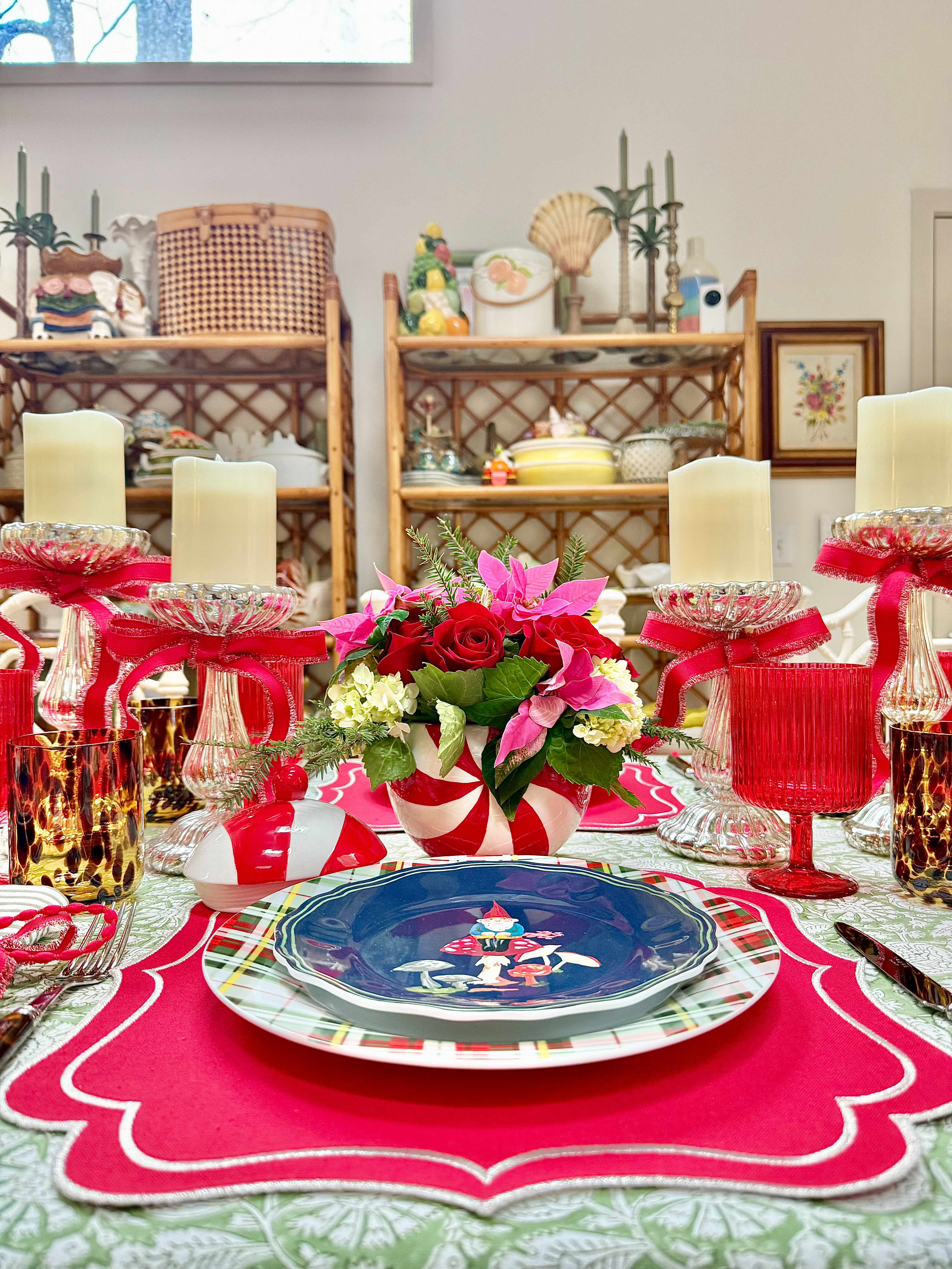 peppermint candy jars as vases on tablescape