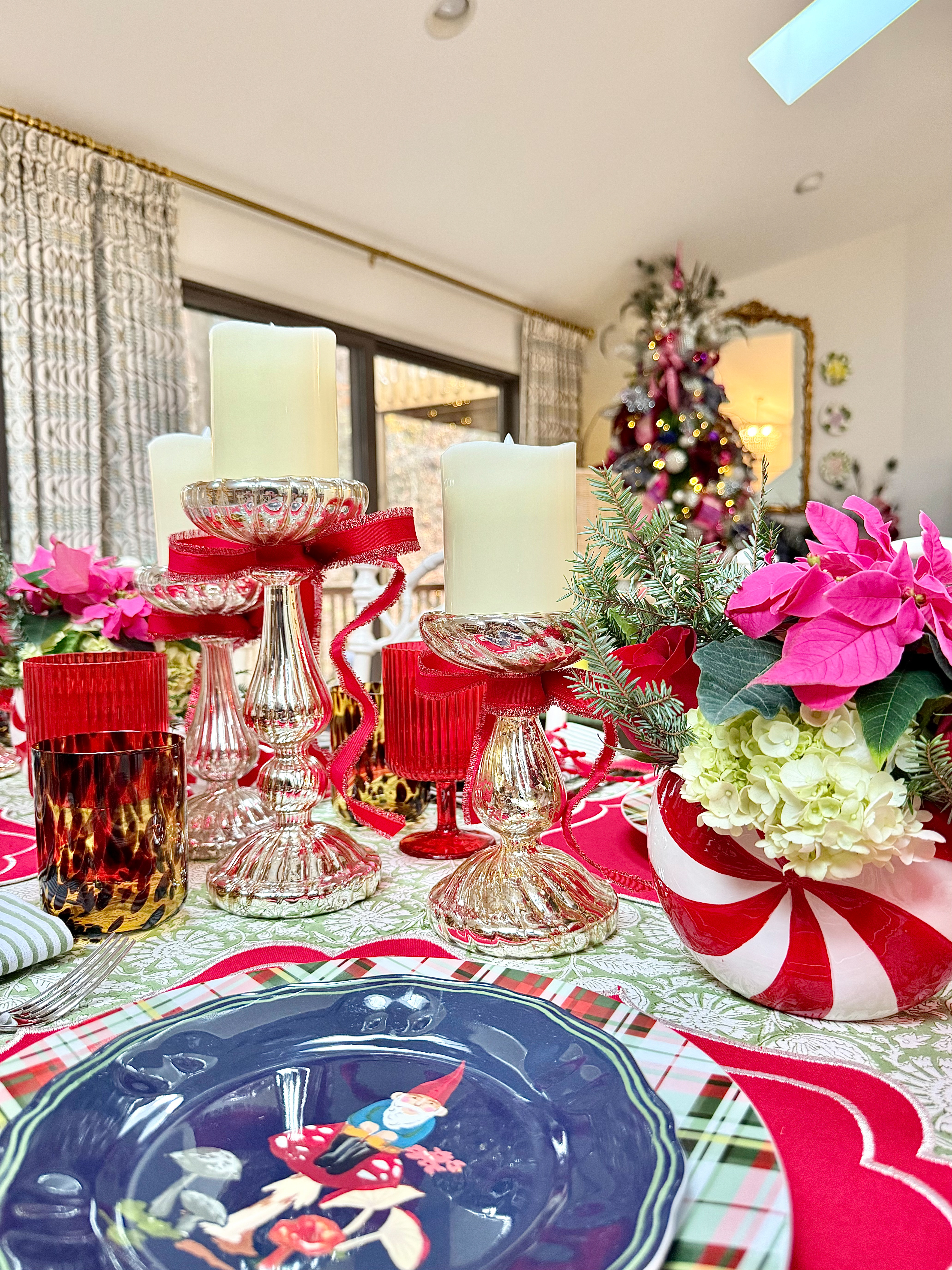 peppermint candy jars as vases on tablescape