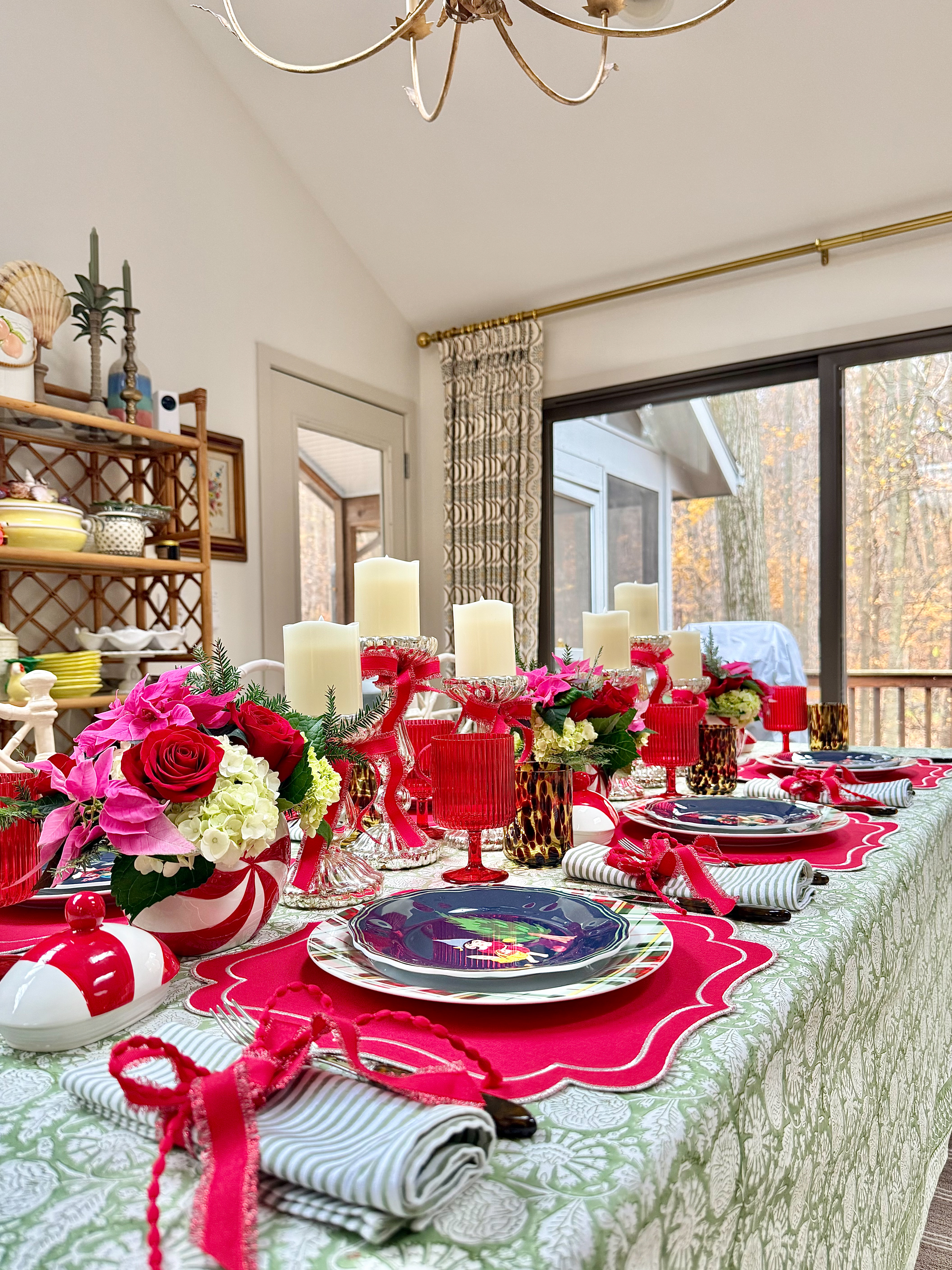 peppermint candy jars as vases on tablescape