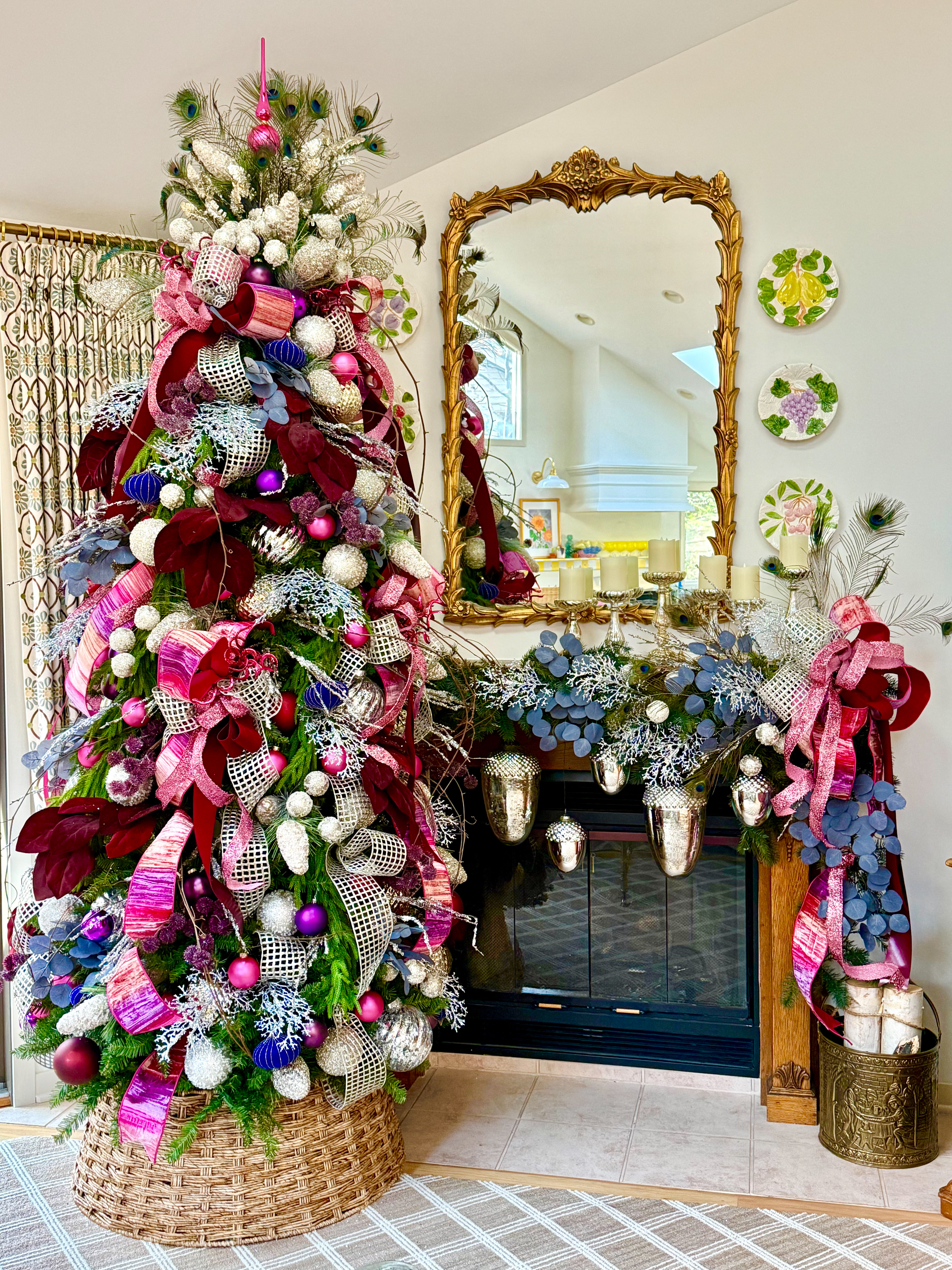 pink glass ornaments on tree