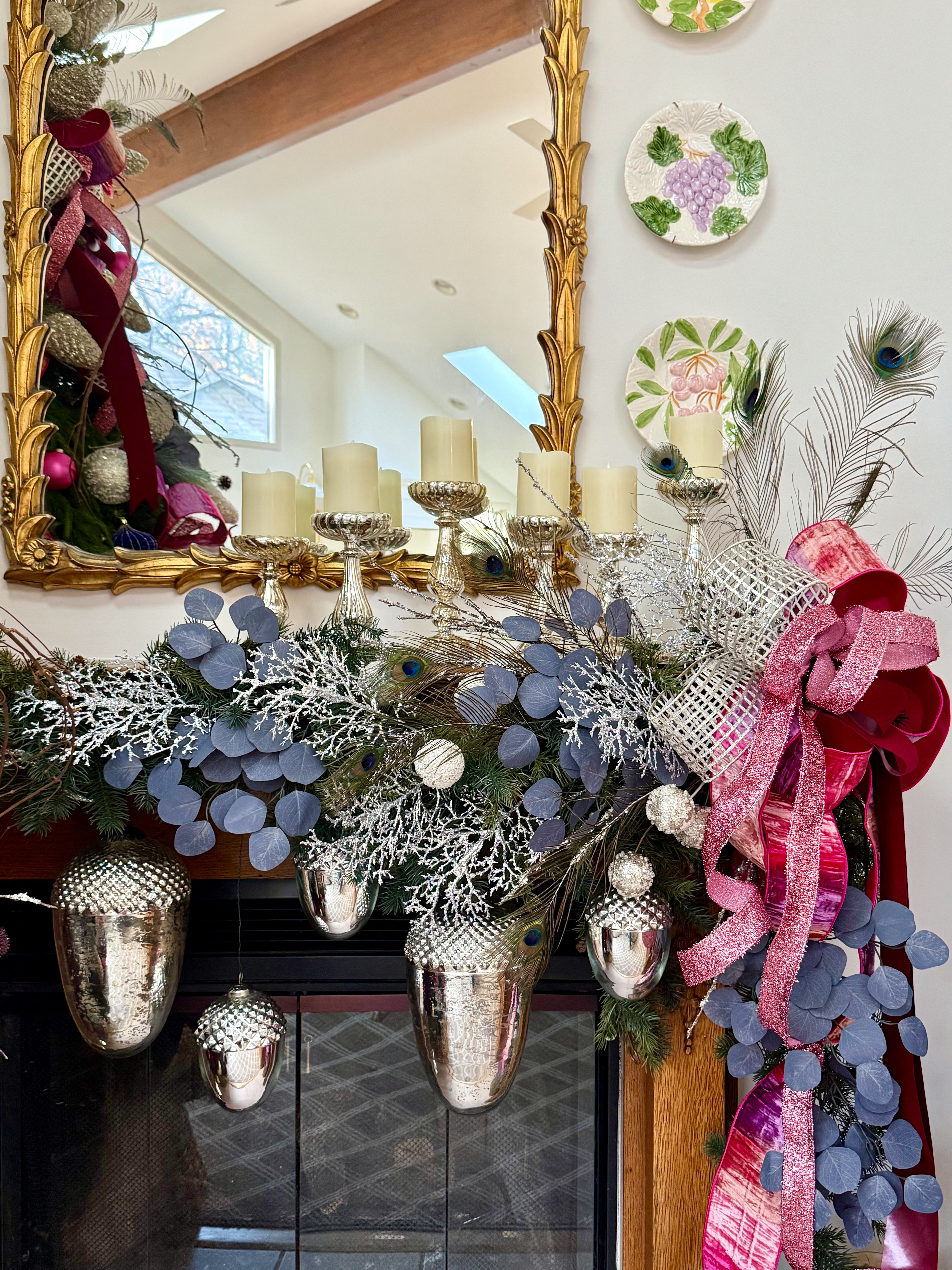 silver acorns on mantle