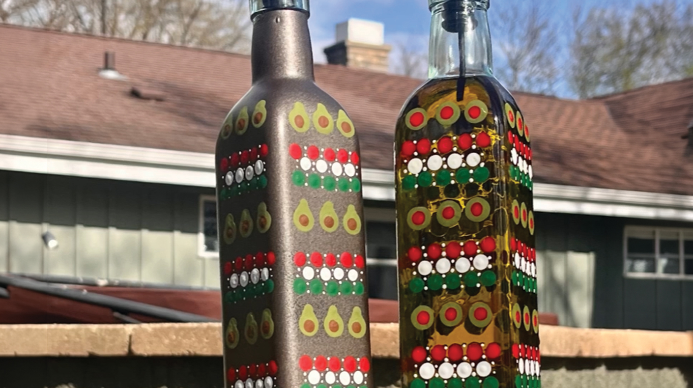 Two cooking oil bottles upcycled with mandala art