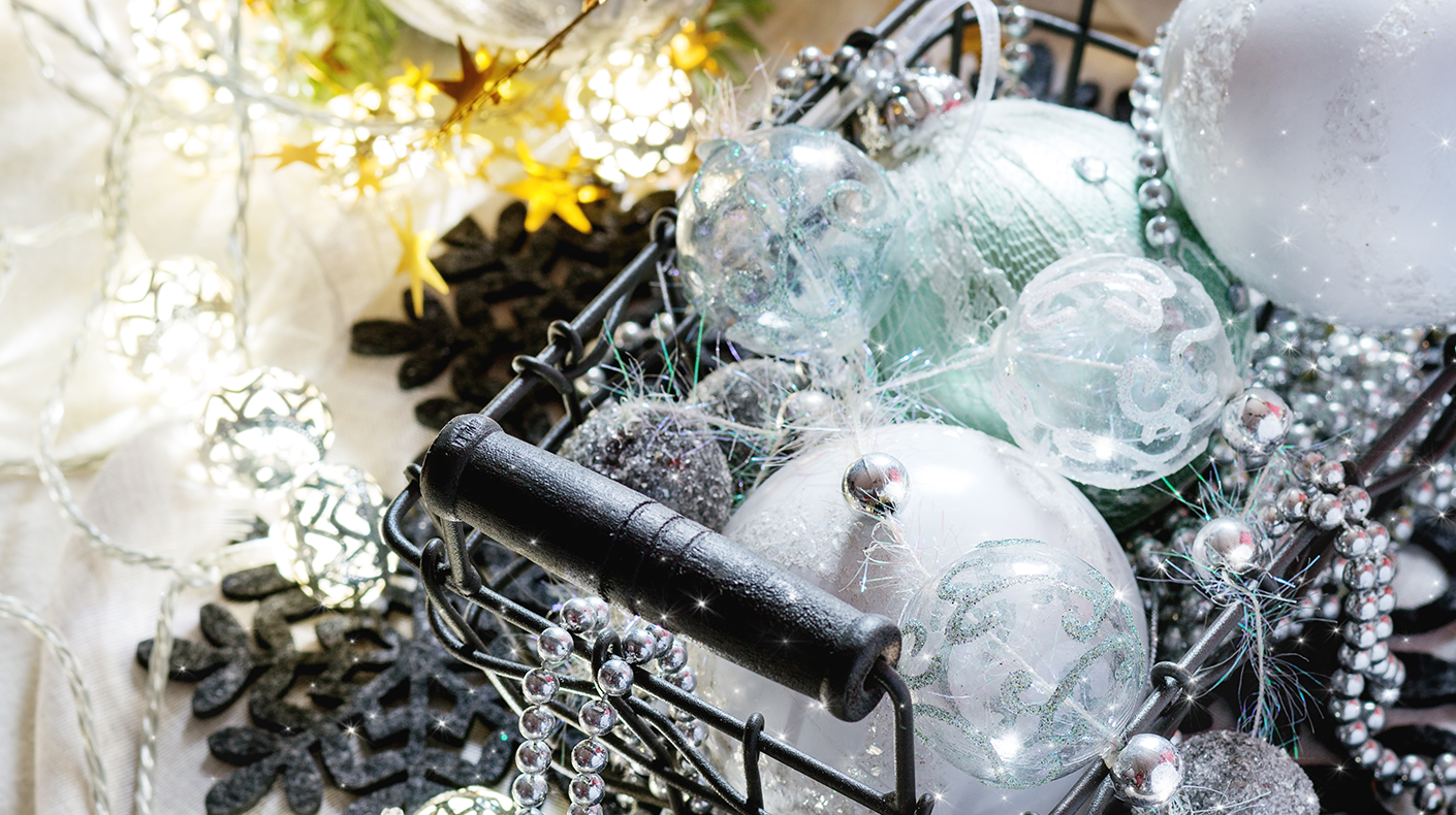 Basket of holiday baubles and decor