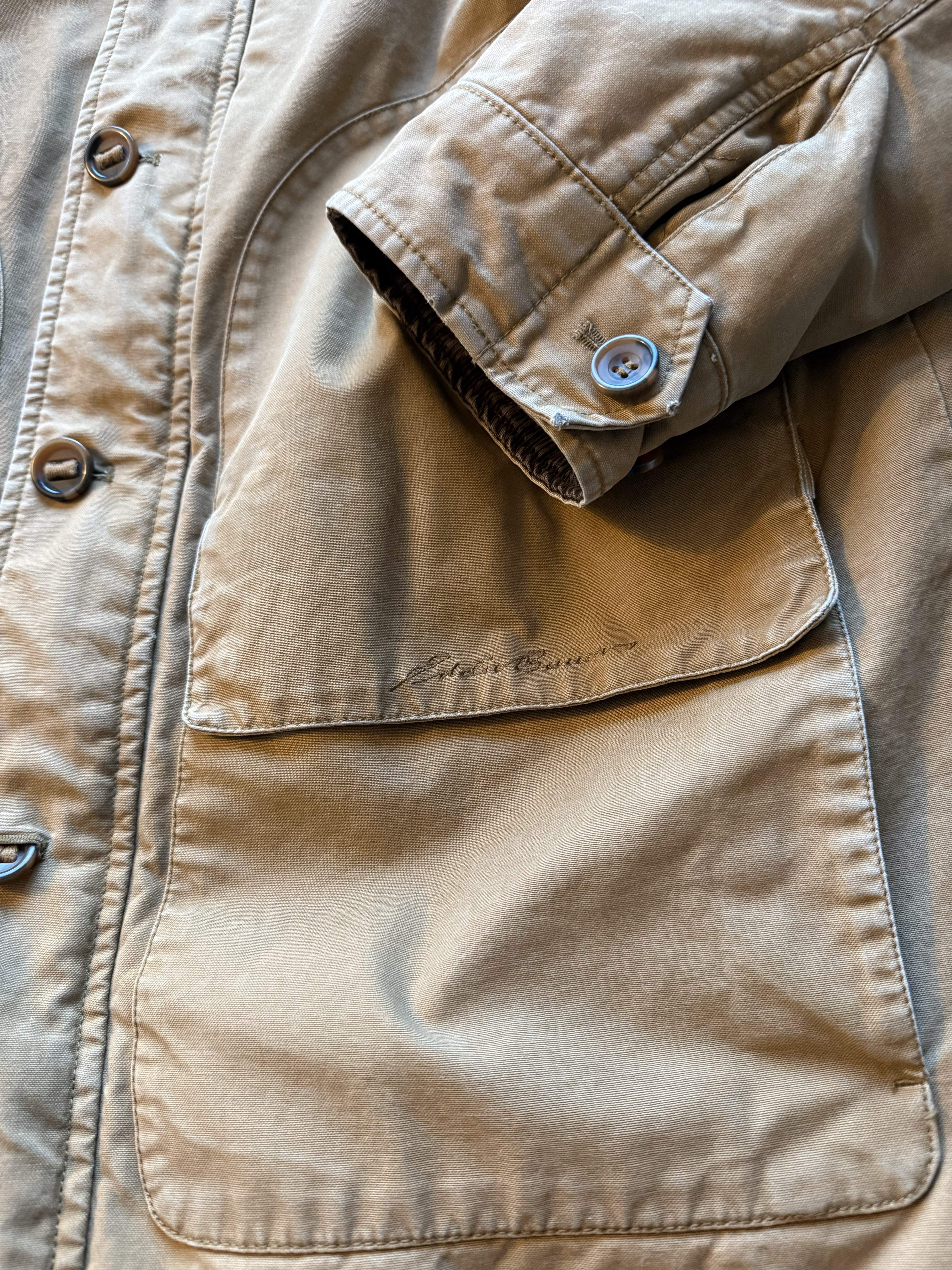 Eddie Bauer Jacket closeup of khaki eddie bauer jacket