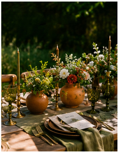 Look 1: Rooted Romance An outdoor wedding tablescape with earth tone layers of tableware and decor