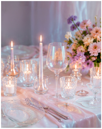 Look 2: Ethereal Shimmer A wedding tablescape with lightly rainbow tinted decor and glassware