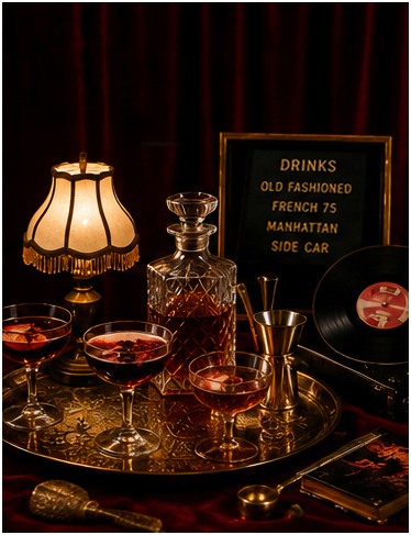 Look 3: Speakeasy Romance Cocktails on a silver tray on a velvet background