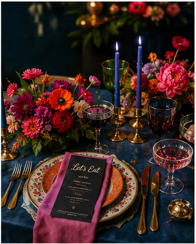Look 4: Sensory Tablescapes A jewel-toned wedding tablescape featuring colorful thrifted plates, candlesticks and bold florals