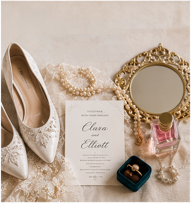 Look 5: Vintage Bridal Details An ornate mirror next to a string of pearls and beaded white wedding shoes