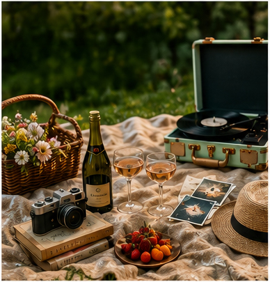 Look 6: The Before A picnic setting featuring a record player, bottle of wine, fruit and floral basket and a camera