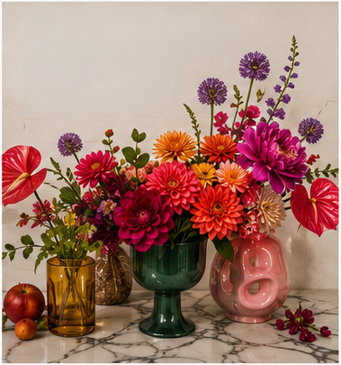 Look 7: Statement Florals Unique and colorful vases that feature an array of colorful floral arrangements