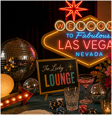Look 8: A Wedding That Feels Like You A mid-century modern tablescape with an old Vegas theme including marquee lights and disco balls