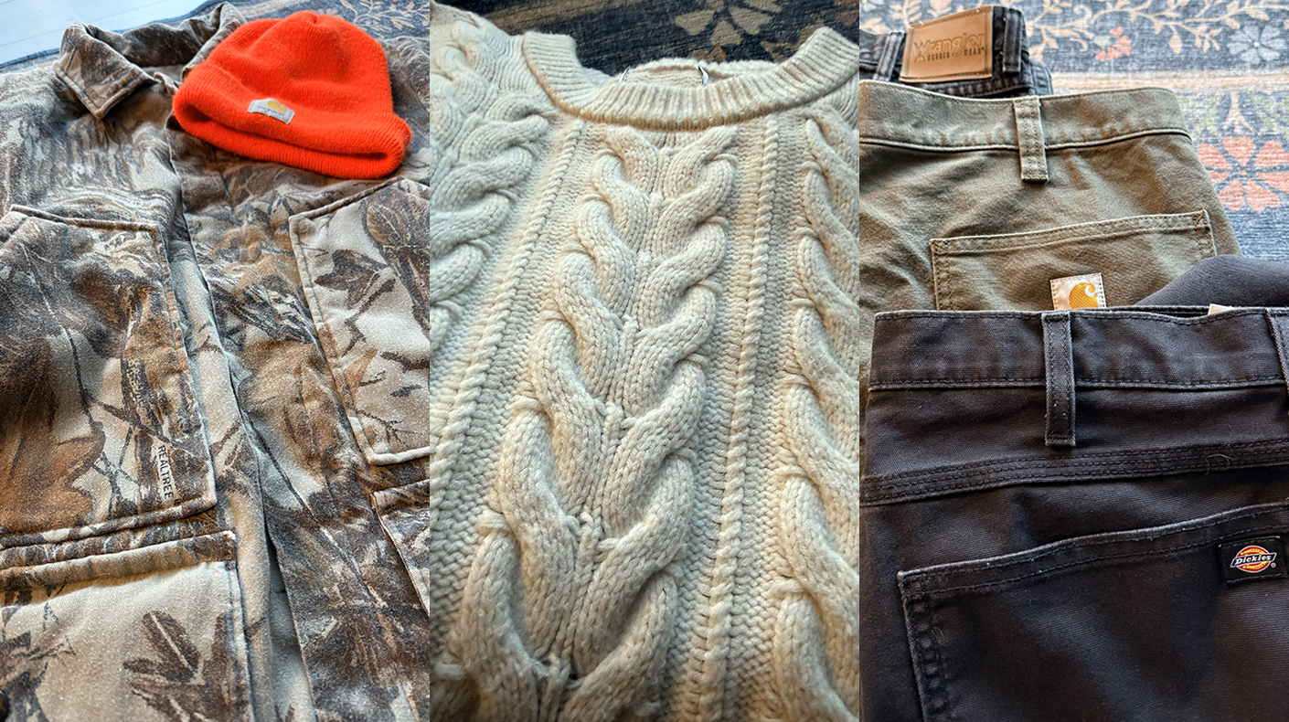 collage of jacket, sweater and jeans