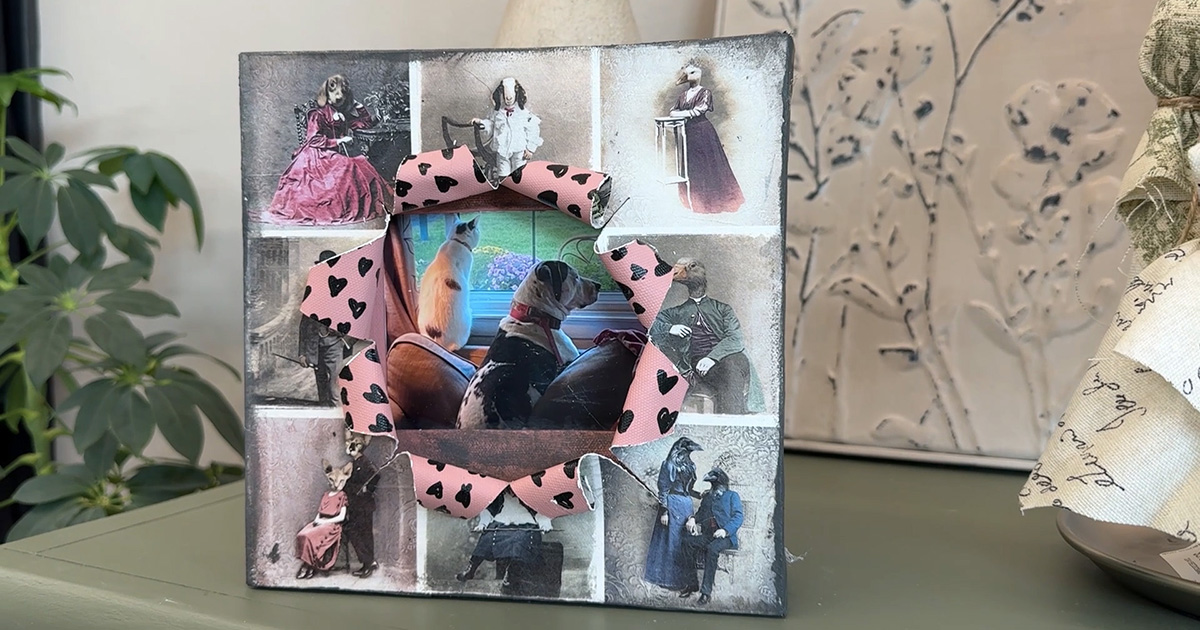 A handmade canvas depicting animals framing a photo of household pets