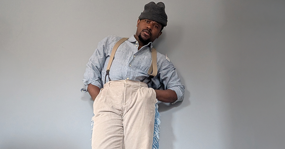 Person wearing a DIY look with suspenders
