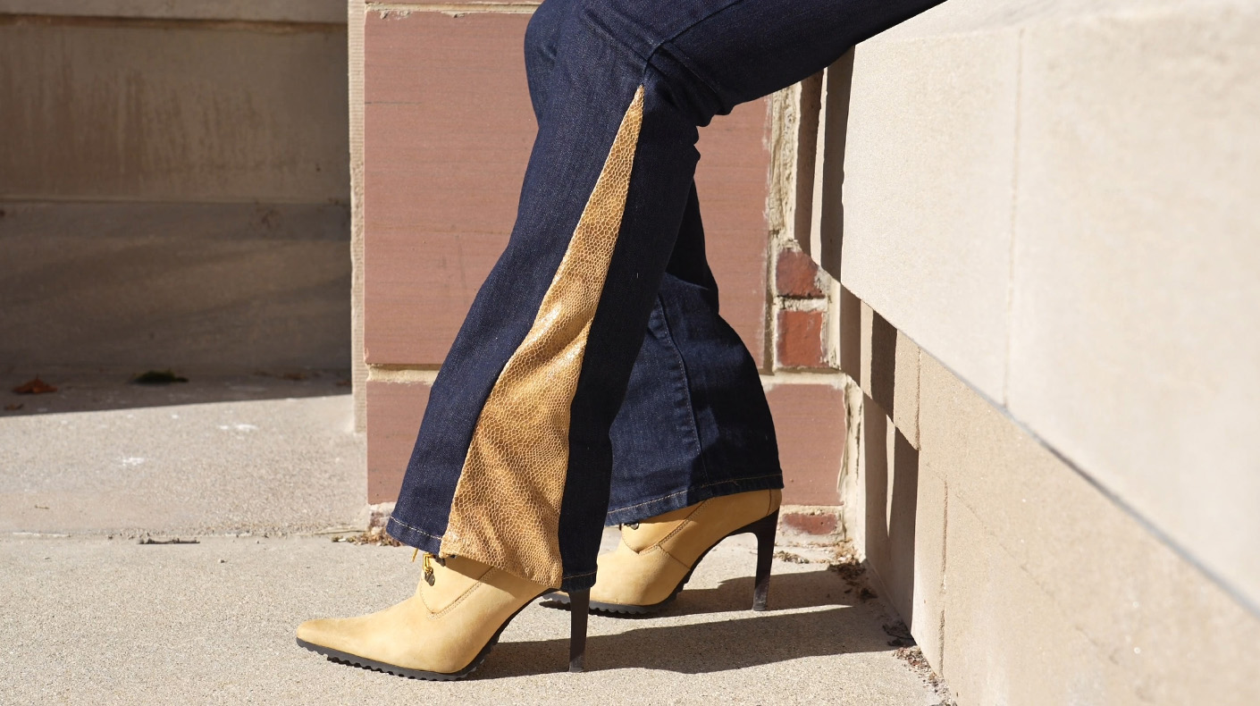 Upcycled denim styled with a pair of heels