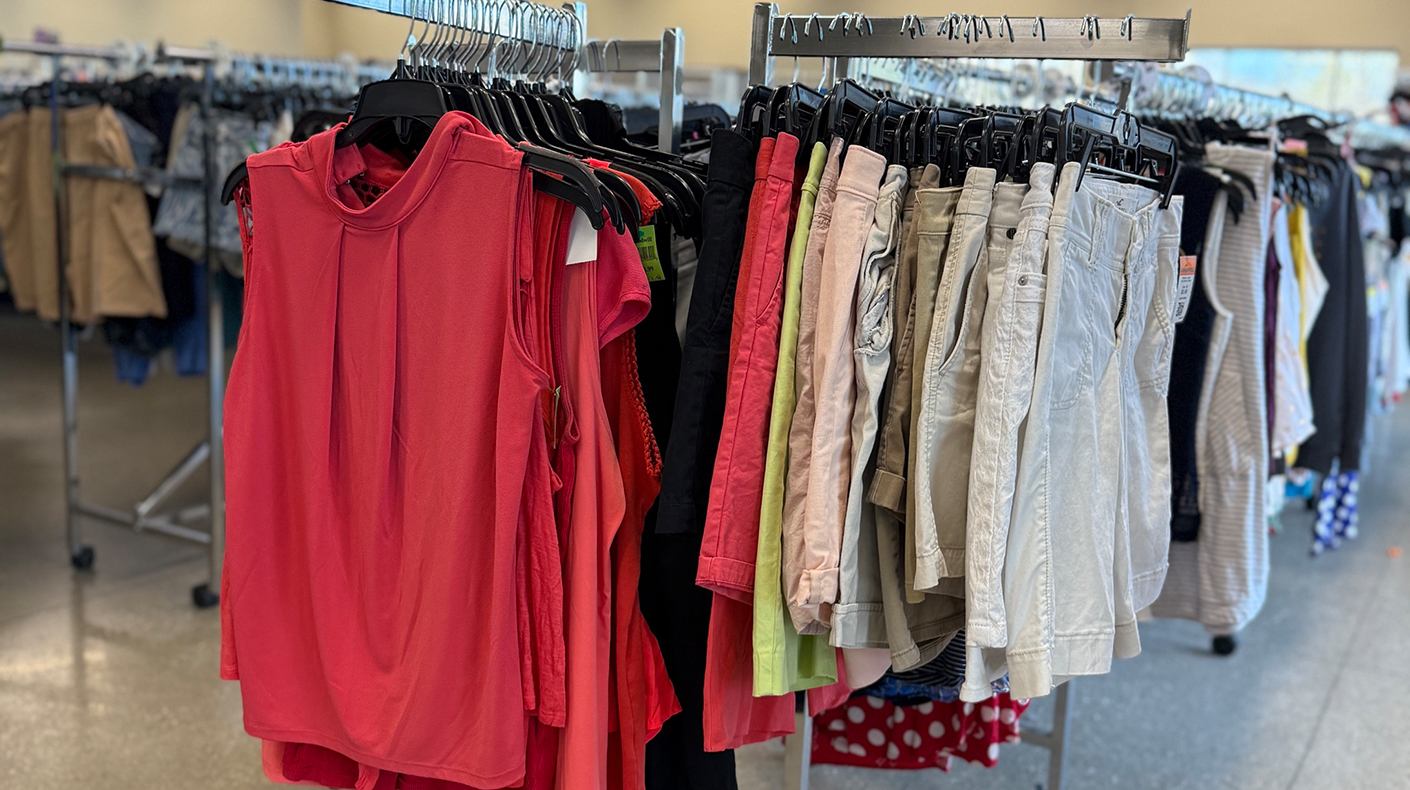 rack of women's spring clothing at Goodwill Greater Milwaukee & Chicago